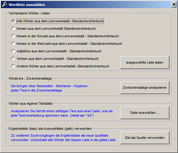 Wortlisten-Auswahl Wortlisten-Auswahl