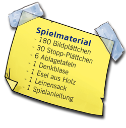 Lieferumfang  Reichhaltiges, langlebiges Spielmaterial (180 Bildpl&auml;ttchen, 30 Stopp-Pl&auml;ttchen, 6 Ablagetafeln, 1 Denkblase, 1 Esel aus Holz, 1 Leinensack, 1 Spielanleitung) 