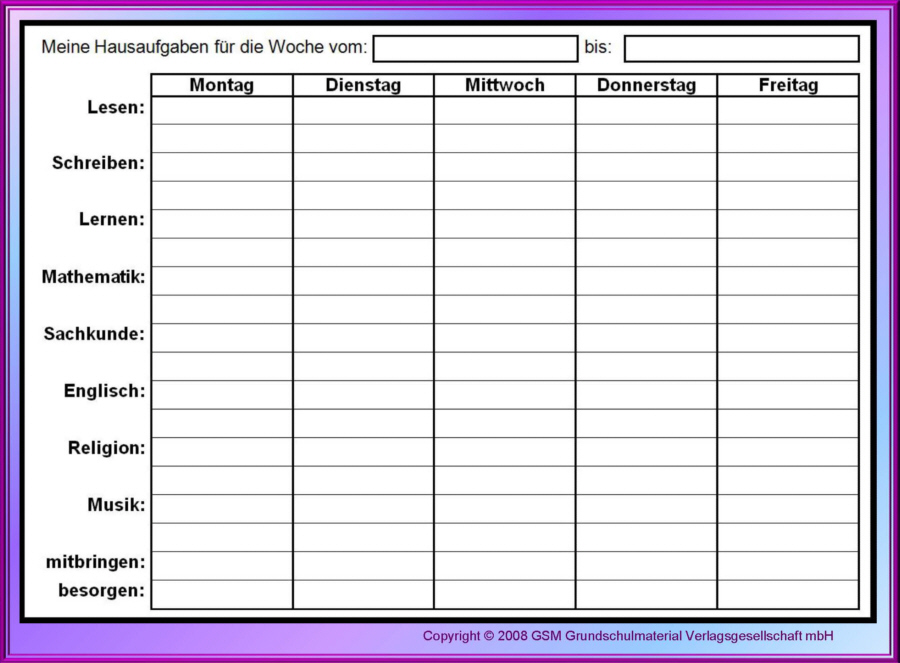 Wochenkalender - Hausaufgaben aufschreiben 1 - Medienwerkstatt-Wissen